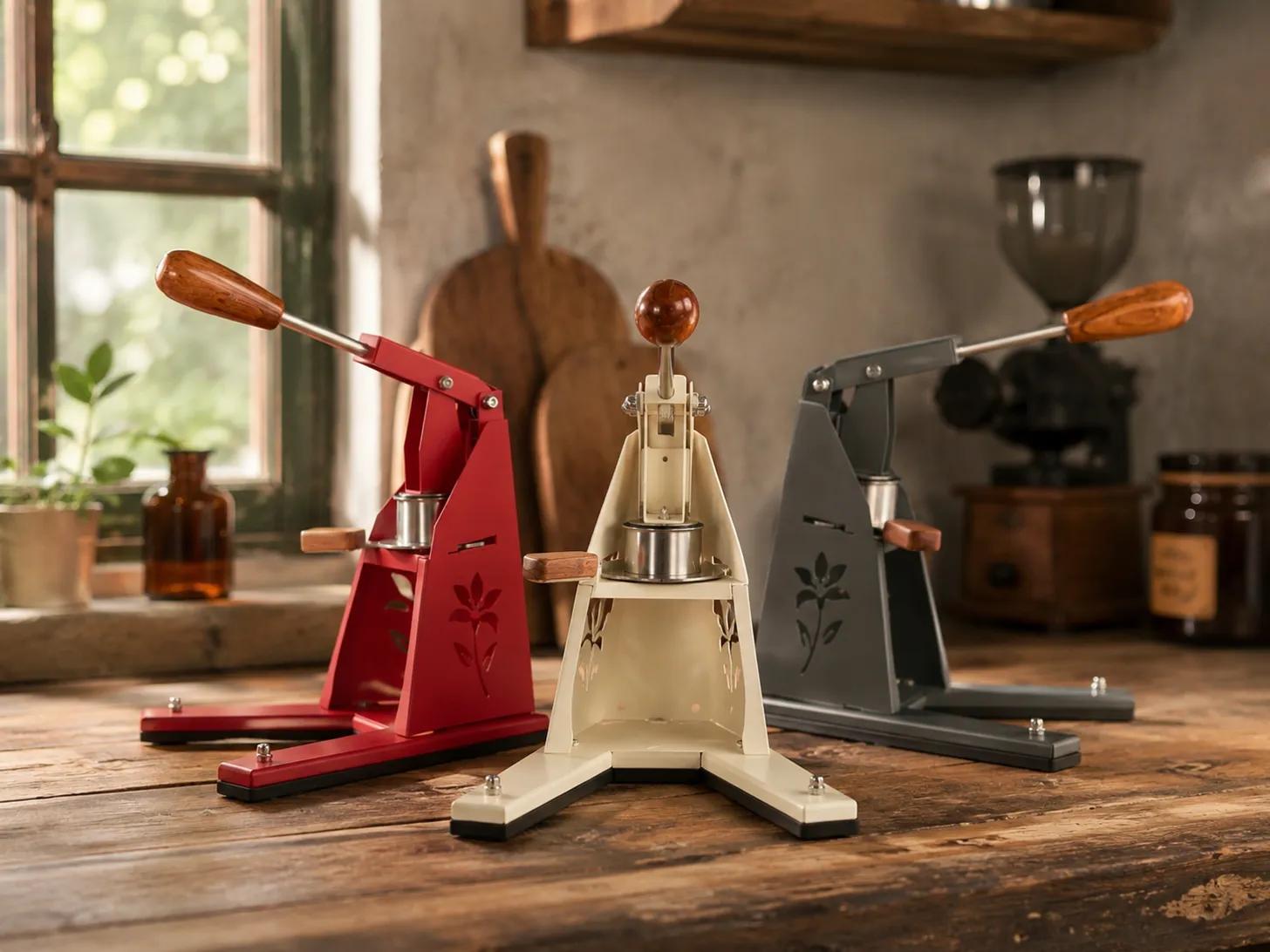 Three Silver Lily machines in polished stainless, red, and cream powder-coat finishes on a rustic wooden counter in warm window light