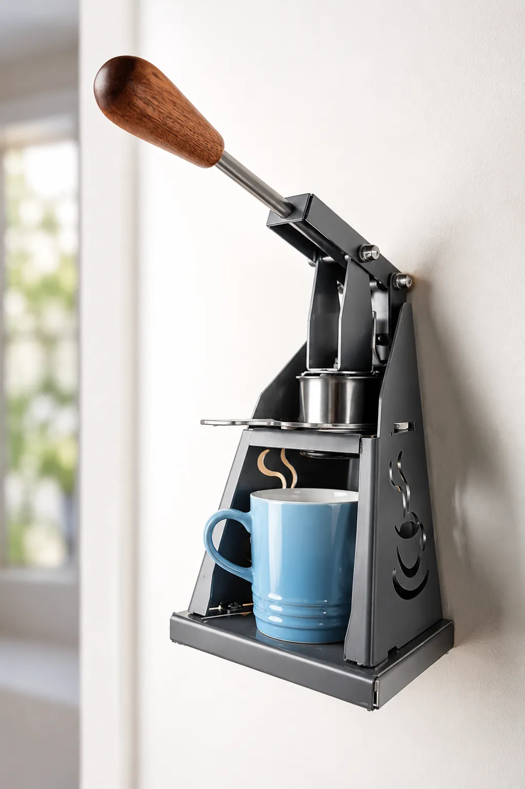 Silver Lily lever machine pulling espresso into a blue cup