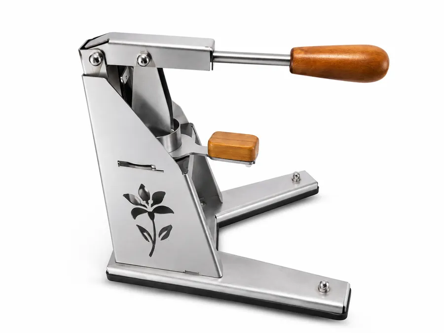 Polished 304 stainless Silver Lily manual lever espresso machine with a meranti hardwood handle and the signature lily cut into the side plate