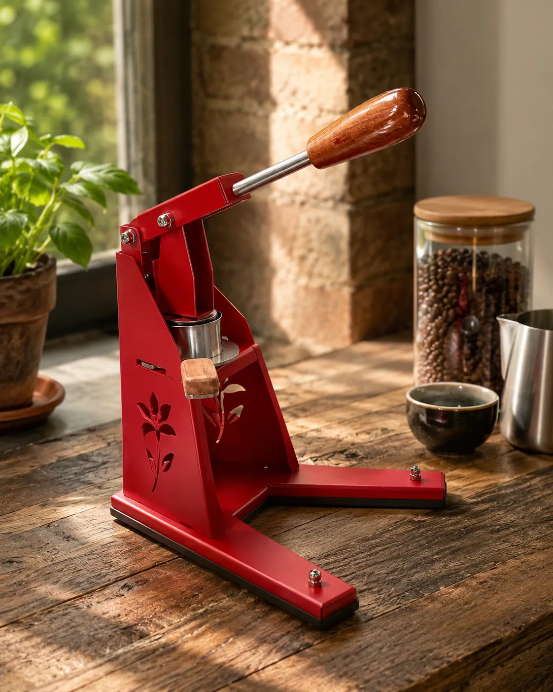 A red Silver Lily machine on a sunlit kitchen counter beside fresh basil and a jar of coffee beans